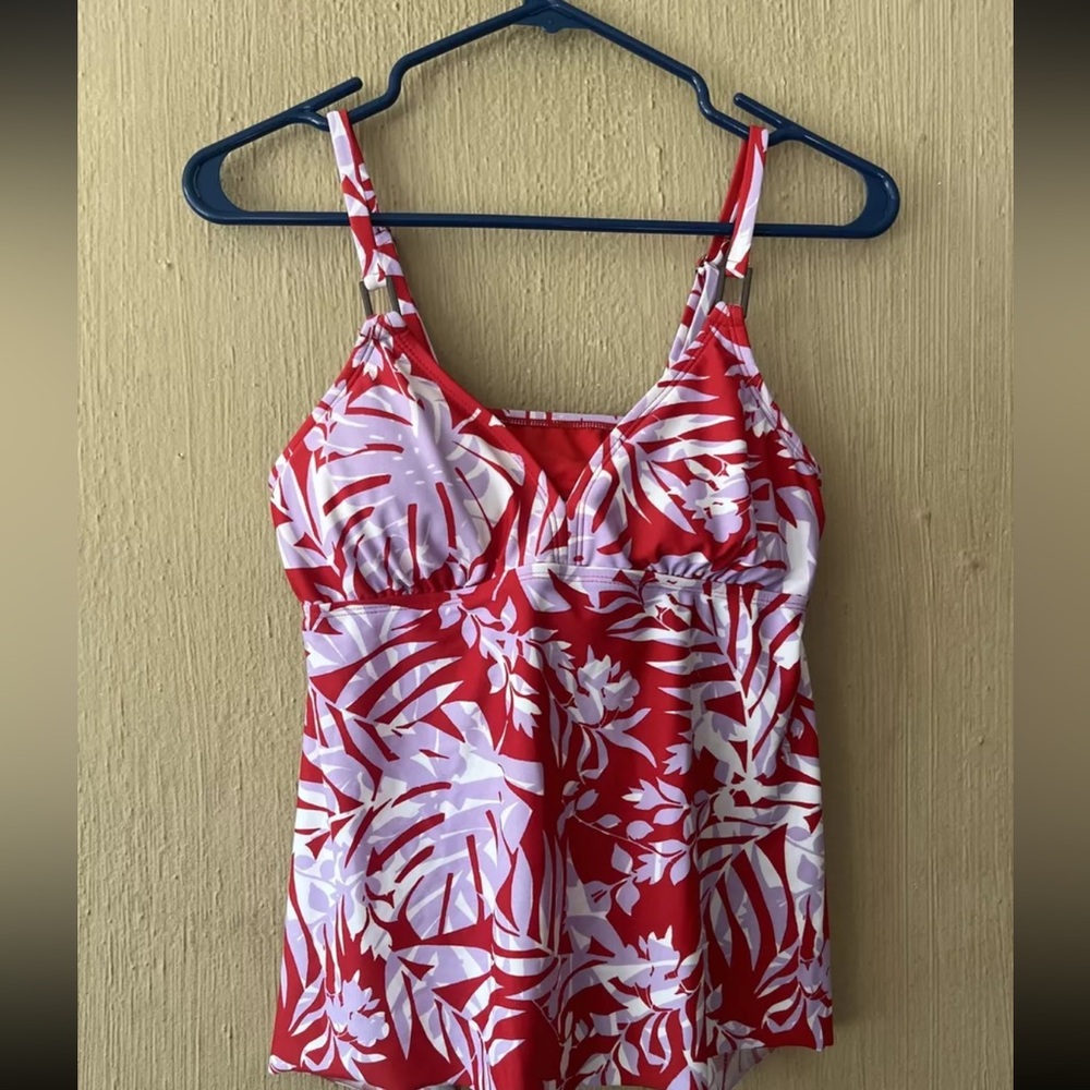 Kona Sol Swim Top Tankini Women Size M Babydoll Red White Purple Palm Leaf
